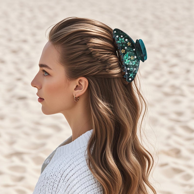BVGA Sea Animal Hair Claw Clips Marine Life Starfish Seashell Pearl Crystal Claw Clips Cute Large Claw Hair Clips Beach Stylish Hair Accessories Gifts for Women Girls (Moon Star) - Image 3